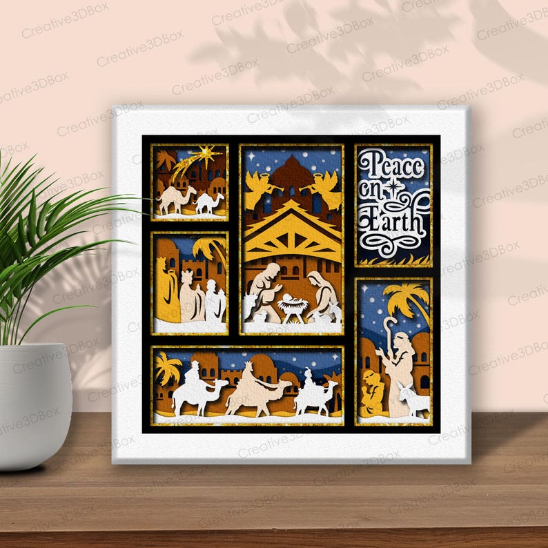Peace On Earth Shadow Box SVG, Nativity Christmas Shadow Box, Religious Christmas Decor, Layered Paper Art, Light Box SVG /K999 image 3