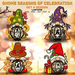 Seasonal Gnome Lantern SVG Bundle For Fall, Halloween Thanksgiving And Christmas, Festive Layered Paper Cut Files For Holiday DIY Decor/K596