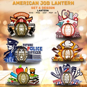 Pacchetto di lanterne American Job in formato SVG, 6 disegni di carta ritagliata a strati per pompiere, infermiere, polizia, insegnante, chef, barbiere, regalo per lavoratori /K499