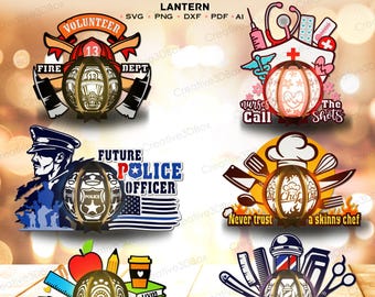 American Job Lantern Bundle SVG, 6 Layered Paper Cut Designs for Firefighter, Nurse, Police, Teacher, Chef, Barber, Gift for Workers /K499
