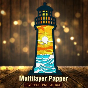 Lighthouse Multilayer SVG, Coastal Lighthouse Layered Paper Cut File, Nautical Ocean Decor, Beach House Shelf Art Gift /H235