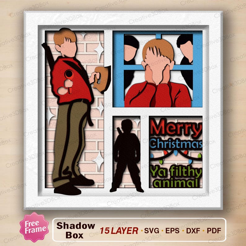 May include: A multi-layered shadow box featuring a Christmas theme. The design includes a figure holding a tool, a silhouette, and a scene of a person with hands on their face. Text reads "Merry Christmas" and "Ya filthy animal."