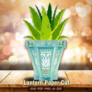 Linterna de aloe vera SVG, linterna de papel 3D en capas para amantes de las plantas, SVG botánico de Cricut, decoración de jardín interior de verano, caja de luz para manualidades DIY /K442