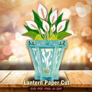 Lanterna con giglio della pace in formato SVG, scatola luminosa in carta 3D con vaso floreale, Cricut SVG a strati per gli amanti del giardino, decorazione in carta o regalo estivo fai da te /K441