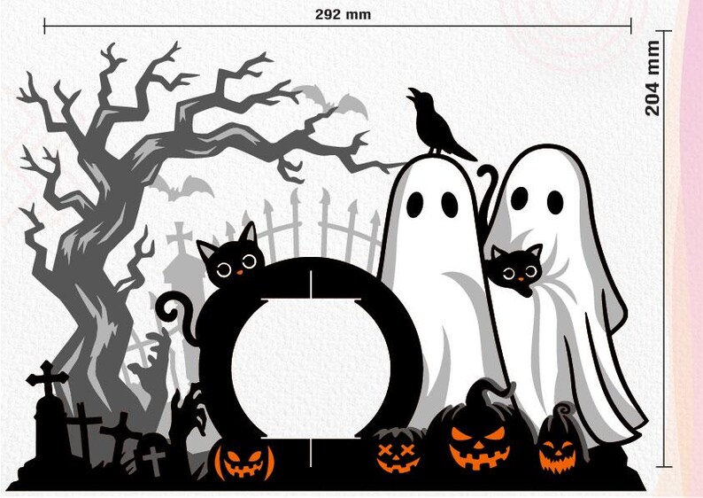 May include: A Halloween decoration with a spooky design. It features a black cat, ghosts, pumpkins, a bare tree, and a graveyard scene. The decoration is 29.2 cm wide and 20.4 cm tall.
