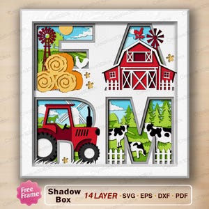 May include: A multi-layered paper shadow box art piece featuring the word FARM. Each letter contains a scene: an F with hay bales and a windmill, an A with a red barn, an R with a red tractor, and an M with black and white cows in a field.