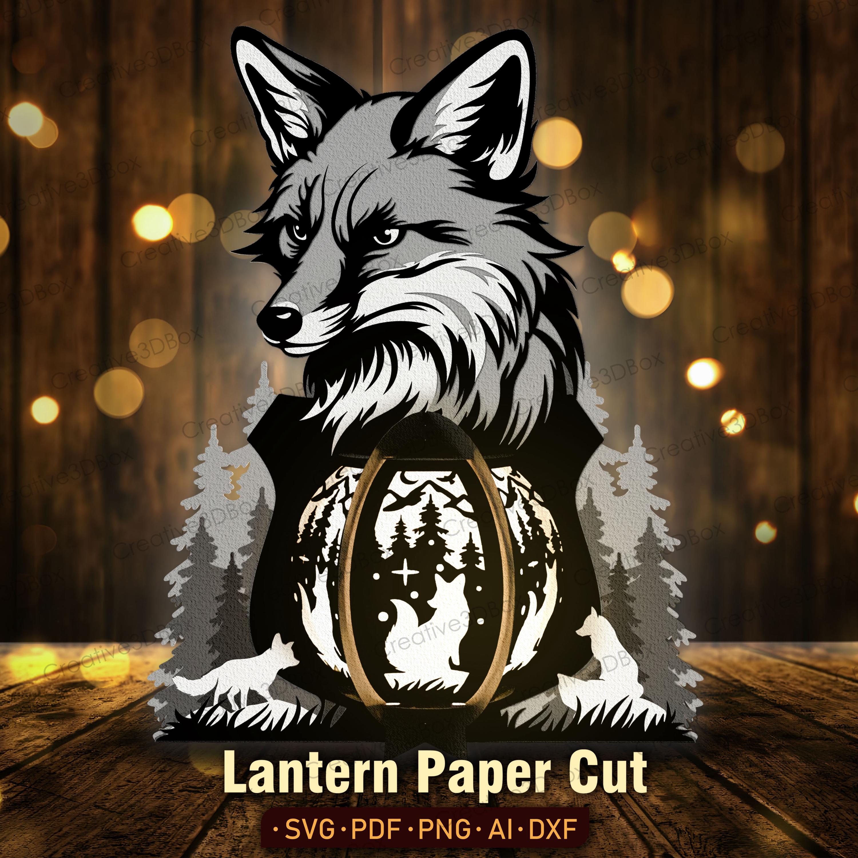 Fox Lantern Paper Cut SVG | 3D Forest Animal Shadow Box Light Fox