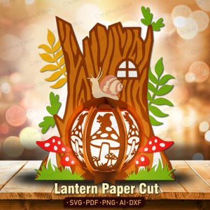 Lanterne de maison de fée de souche d'arbre découpée en papier, maison de campagne 3D avec escargot et champignons pour décoration de chambre d'automne ou d'enfants/K526