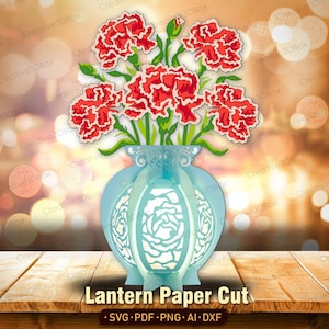 Arquivo de recorte de papel para lanterna de cravo | Vaso de decoração de lanterna de cravo com flor de lanterna de cravo para presente de aniversário de mãe em janeiro / K390