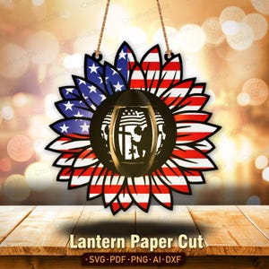 Linterna de girasol patriótica SVG, archivo recortado de papel conmemorativo de soldado, caja de luz 3D con bandera estadounidense para decoración del Día de los Caídos, decoración DIY para veteranos/K474