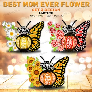Bundle meilleure lanterne pour maman jamais découpée dans du papier | Lanterne papillon tournesol, boîte ombre papillon floral, lanterne fête des mères, cadeau pour maman/K316