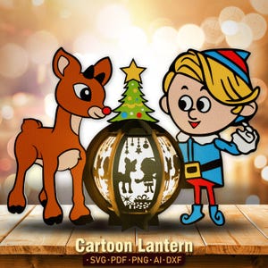 Pode incluir: Uma lanterna de Natal de desenho animado com uma rena e um elfo. A lanterna marrom tem desenhos recortados e uma árvore de Natal. O texto "Cartoon Lantern" está na parte inferior, junto com as opções de tipo de arquivo.
