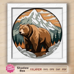 Björnberg Shadow Box SVG, skogsmark djurliv pappersklippfil, skogsstuga väggdekor, naturälskare gåva konstdesign /H243