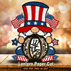 Lanterne gnome patriotique SVG, 3D USA papier découpé caisson lumineux pour décor du 4 juillet, lanterne Cricut oncle Sam fichier Memorial Day Veterans Day/K423