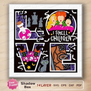 May include: A multi-layered shadow box design featuring the word LOVE with Halloween-themed illustrations including a potion bottle with skulls, three women with colorful hair, the text I SMELL CHILDREN, a black cat, and a stitched book.