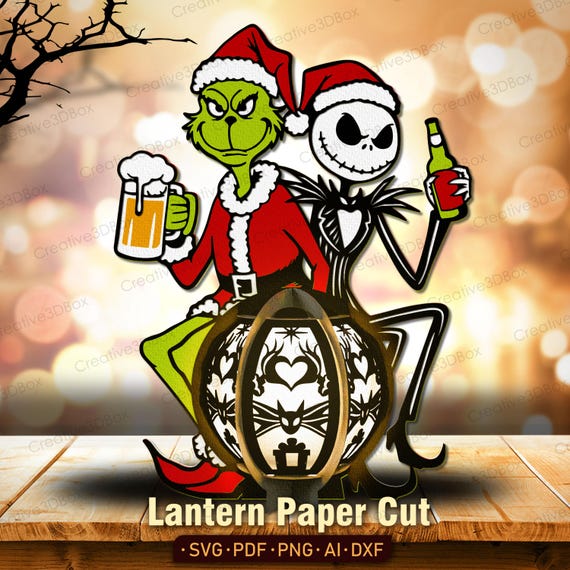 Christmas Lantern SVG With Spooky Skeleton And Grumpy Green Character, Funny Santa Costumes Holding Drinks, Holiday Paper Cut For DIY /K671