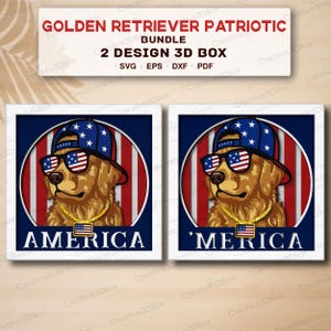 May include: A digital design bundle featuring two square graphics of a golden retriever wearing a blue star-patterned baseball cap, sunglasses with American flag lenses, and a gold chain with a flag pendant, with text reading AMERICA and 'MERICA.