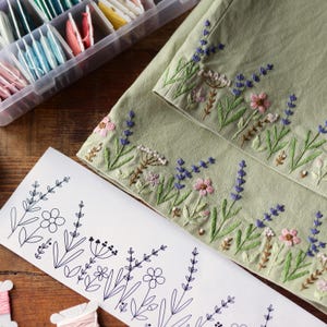 Floral Border Embroidery Template for Stick N Stitch, Field Flowers Design, Printable Pattern for Clothing Hem, Lavender Motif