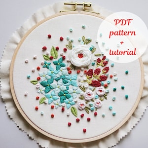 Hydrangea and Rose Embroidery Pattern - PDF Download with Instructions