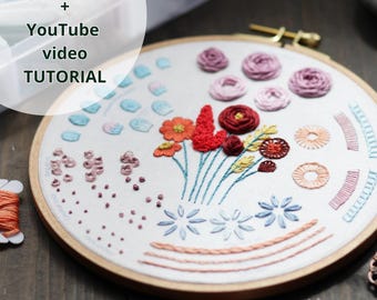 Muestrarios de bordado en PDF: Aprende 12 puntadas + Patrón floral / Videoclase magistral
