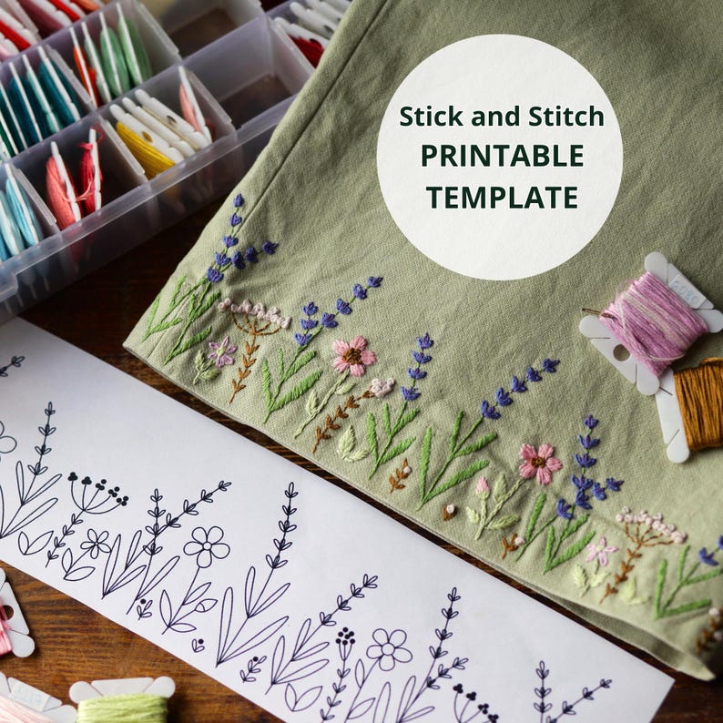Floral Border Embroidery Template for Stick N Stitch, Field Flowers Design, Printable Pattern for Clothing Hem, Lavender Motif