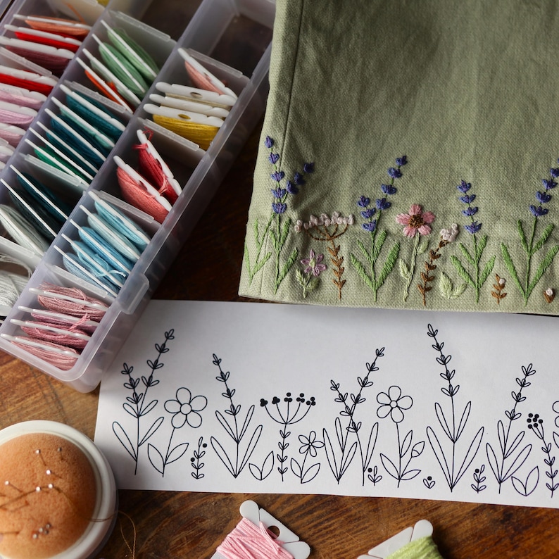 Floral Border Embroidery Template for Stick N Stitch, Field Flowers Design, Printable Pattern for Clothing Hem, Lavender Motif