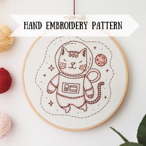 Whimsical Cat Astronaut Embroidery Pattern - Cartoon Space Cat Design - PDF Downloadable Stitching Template