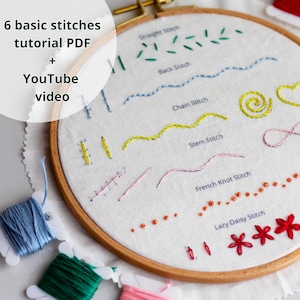 May include: A close-up of a wooden embroidery hoop with white fabric stretched across it. The fabric is embroidered with different stitches in various colours, including green, blue, yellow, pink, and red. The stitches are labelled with their names, such as "Straight Stitch", "Back Stitch", "Chain Stitch", "Stem Stitch", "French Knot Stitch", and "Lazy Daisy Stitch". The text "6 basic stitches tutorial PDF + YouTube video" is written in black on a white background in the top left corner of the image.