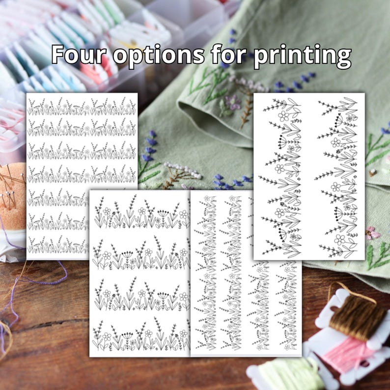 Floral Border Embroidery Template for Stick N Stitch, Field Flowers Design, Printable Pattern for Clothing Hem, Lavender Motif