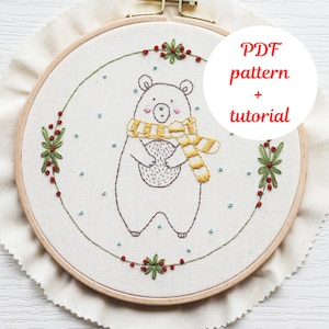 Cute Bear Embroidery Pattern with Scarf - PDF Download