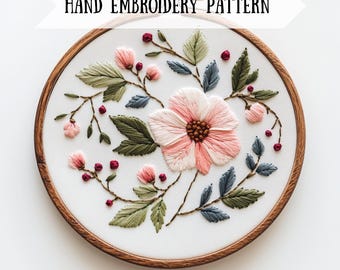 Patrón de bordado floral en PDF - Diseño de flores silvestres rosas para bordar a mano