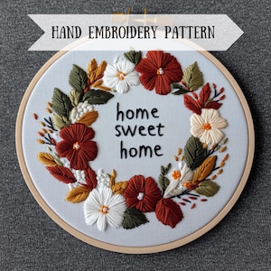 May include: Embroidered hoop art featuring a floral wreath in shades of red, white, and green. The wreath encircles the text "home sweet home".