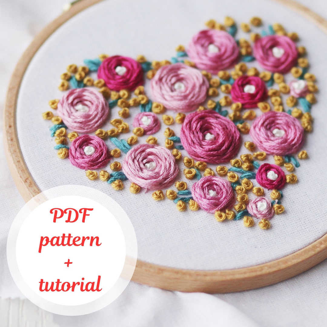 Heart-shaped Rose Embroidery Pattern | Digital Download | Hand ...