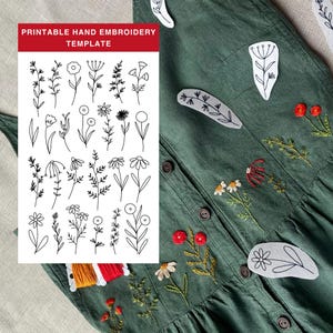 Puede incluir: Plantilla de bordado a mano imprimible con 24 diseños de flores diferentes. La plantilla está sobre un fondo blanco y muestra varios motivos florales, incluyendo tallos simples, hojas y flores.