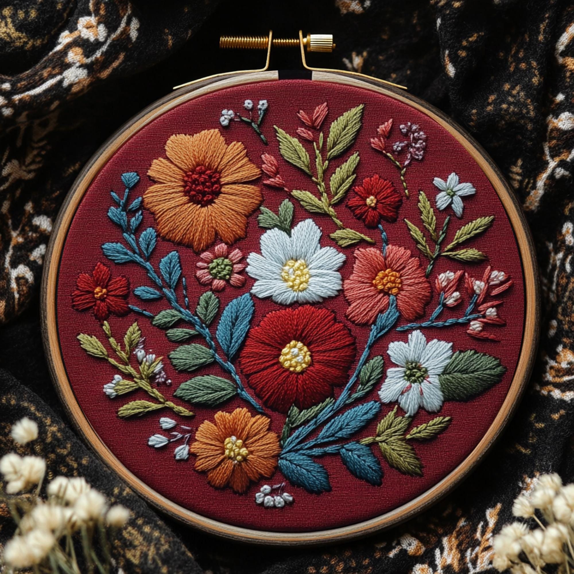 花柄刺繍 円形インテリア 花柄円形刺繍パターン - 秋の花をバーガンディ色の背景に - デジタル