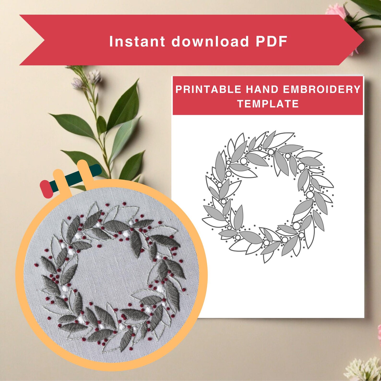 Floral Wreath Embroidery Pattern - Digital Download With Mistletoe ...
