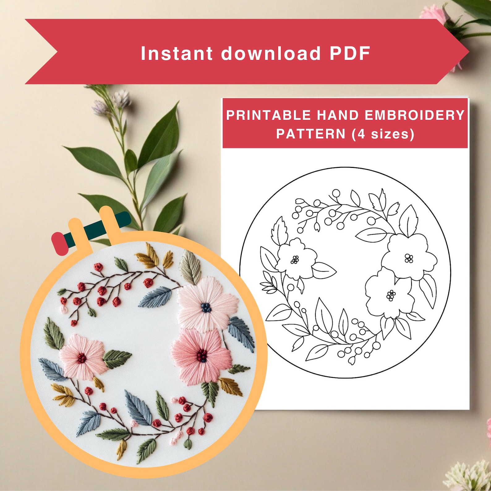 Pastel Floral Wreath Hand Embroidery Pattern - PDF Template - Etsy