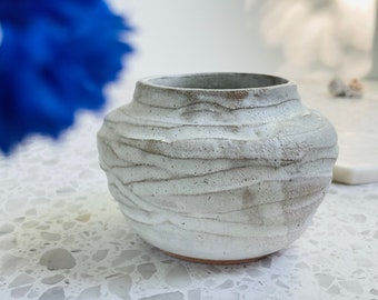 earth cloud | small handmade widemouth vintage stoneware/studio pottery/ceramic bud vase/jar | signed by artisan + relief pattern