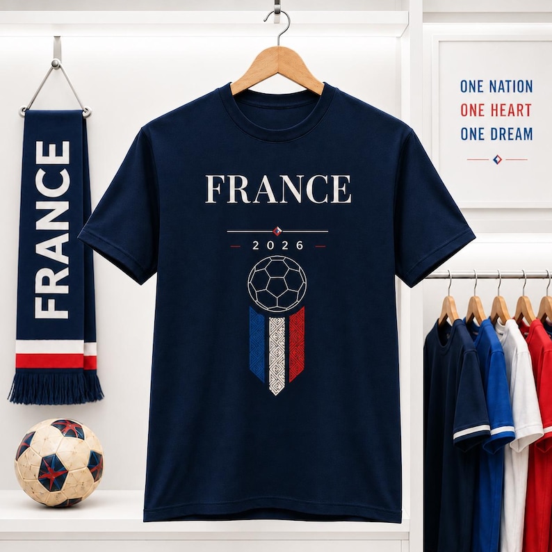 May include: Navy blue t-shirt with "FRANCE" printed in white, a soccer ball graphic, and the year "2026". A scarf with "FRANCE" in white and a soccer ball are also visible. The theme is soccer.
