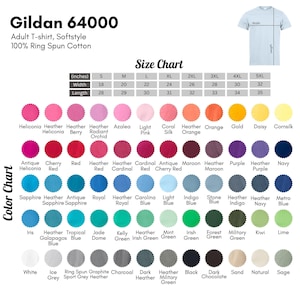 May include: An image of a Gildan 64000 adult t-shirt with a size chart. The chart shows measurements in inches, with widths from 18 to 32 inches (45.7 to 81.3 cm) and lengths from 28 to 35 inches (71.1 to 88.9 cm). A colour chart is also present.
