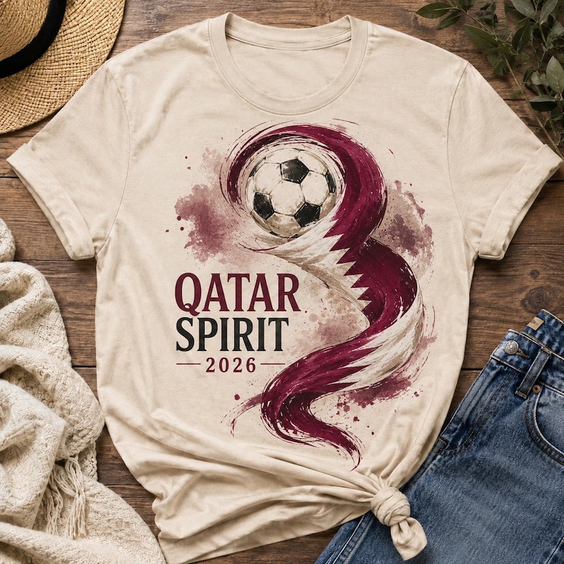 May include: Beige t-shirt with a soccer ball and a design in the colours of the Qatar flag. The text "QATAR SPIRIT - 2026" is printed below the graphic. The shirt is displayed on a wooden surface.