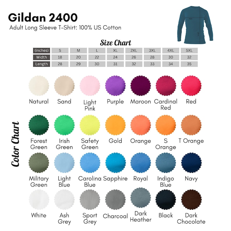 May include: Image of a Gildan 2400 adult long-sleeve t-shirt, with a size chart in inches and a colour chart. The colour chart displays shades such as navy, black, and red. The shirt is made from 100% US cotton. Measurements are provided in inches.