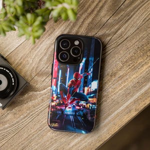 Spider-Man Tough Phone Case for iPhone 16 15 14 13 12 11 Pro Max & Samsung S24 S23 S22 S21 Ultra Plus - Superhero Neon City Design