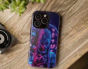 Funda para teléfono con personajes de neón ciberpunk, diseño futurista de gamer
