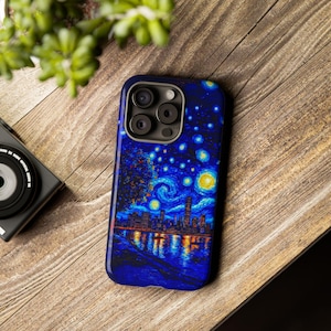 Van Gogh Sternenklare Nacht Stadt Skyline Tough Phone Case für iPhone 16 15 Pro Max & Samsung Ultra Plus S25 S24 Van Gogh inspiriert Urban Art Cover