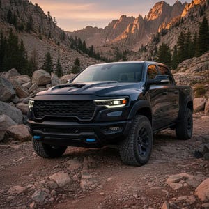 May include: A black pickup truck is parked on a rocky dirt road in a mountain landscape. The truck has a black grill, hood, and tires. The sky is a mix of orange and blue.
