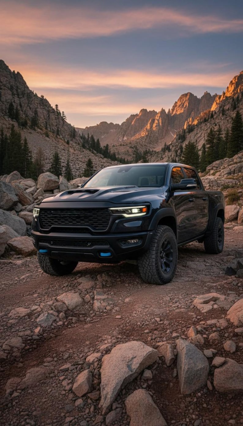 May include: A black pickup truck is parked on a rocky dirt road in a mountain landscape. The truck has a black grill, hood, and tires. The sky is a mix of orange and blue.