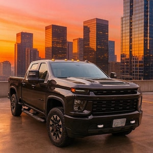 May include: A dark brown crew cab pickup truck with a black grille, black wheels, and amber roof marker lights. The vehicle features a hood scoop, side mirrors with integrated turn signals, and a front license plate with illegible text.