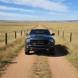 May include: A black pickup truck is centered on a dirt road, framed by a wooden fence and a vast field of dry grass. The sky is a bright blue with wispy clouds, creating a scenic outdoor setting.