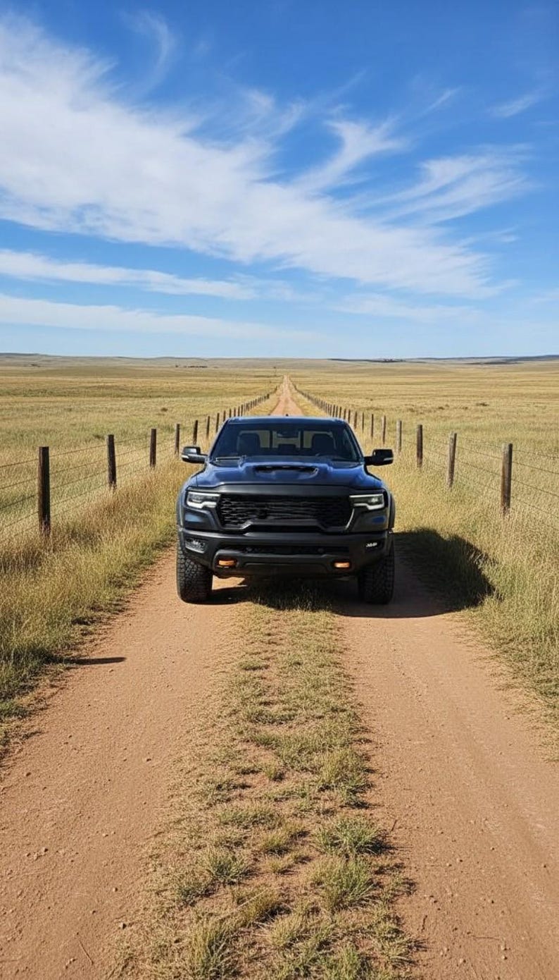 May include: A black pickup truck is centered on a dirt road, framed by a wooden fence and a vast field of dry grass. The sky is a bright blue with wispy clouds, creating a scenic outdoor setting.